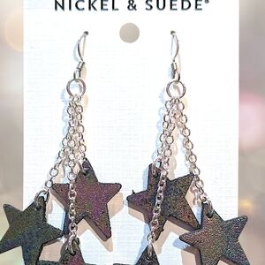 Nickel & Suede Star Dangle Earrings - Black and Silver